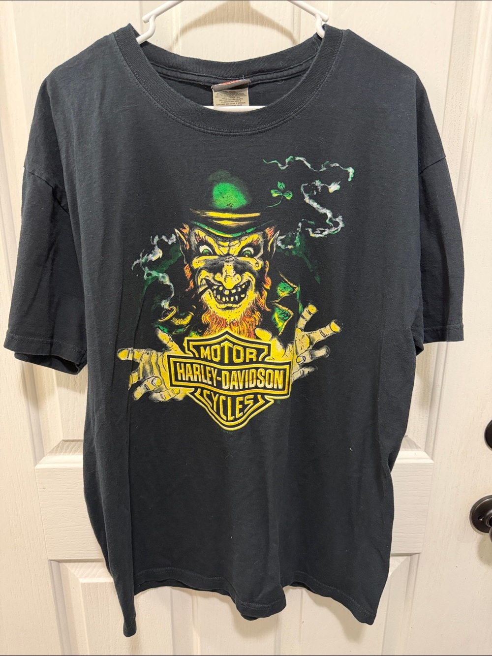Harley-Davidson Black Tee with Neon Green and Yellow Leprechaun Graphic XL 2009